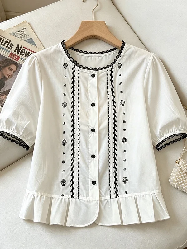 

plus Size Women's Summer New Korean Style round Neck Embroidered Short Sleeve Loose Slimming Versatile Top Shirt Commute Style