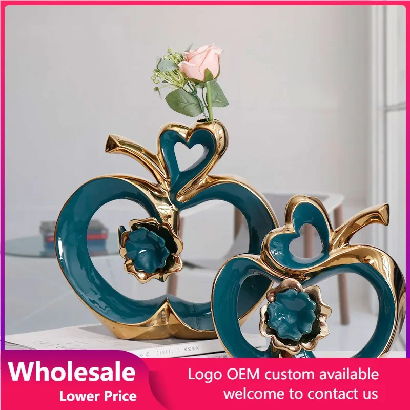 

Creative Vase Heart-shaped Apple Sculpture Ceramic Bookshelf Tabletop Ornament Couple Gift Living Room Office Home Decoration