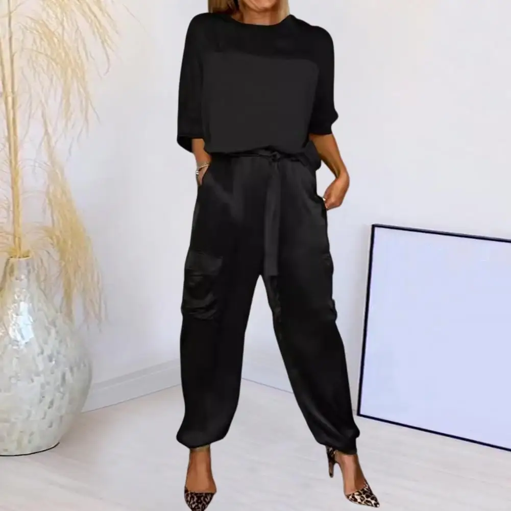 Women Casual Patchwork Suit Stylish Satin Women's Top Pants Set Soft Breathable Blouse Trousers with Lace-up Waist Casual