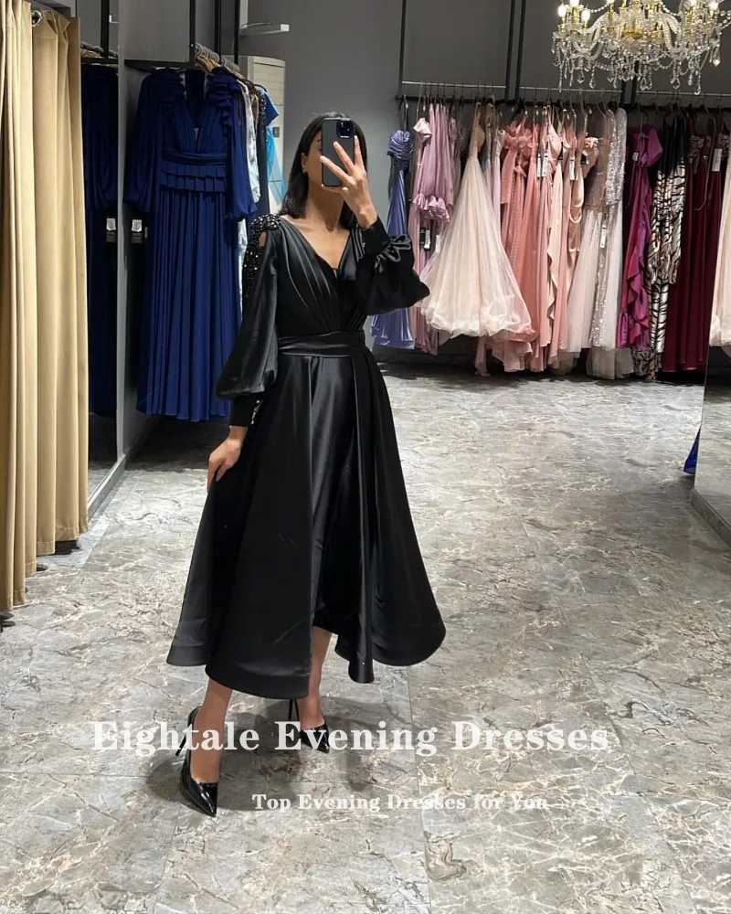 Eightale Short Evening Dress for Wedding Party V-Neck Appliques Satin Beaded Pearls Prom Gown Formal Customized vestido festa