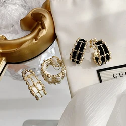 Golden Vintage Black Ribbon Weave Geometric Hoop C Shape Clip on earrings Non Pierced earrings for Women Jewelry Gift
