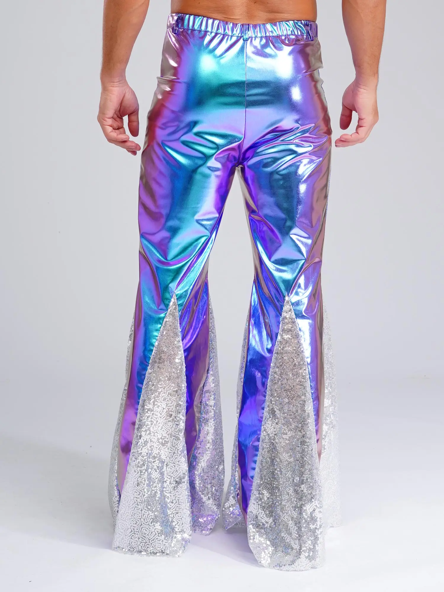 Mens Shiny Metallic 70s Disco Pants Hippie Vintage Costume Dance Party Sequins Bell Bottoms Stage Performance Flared Pants