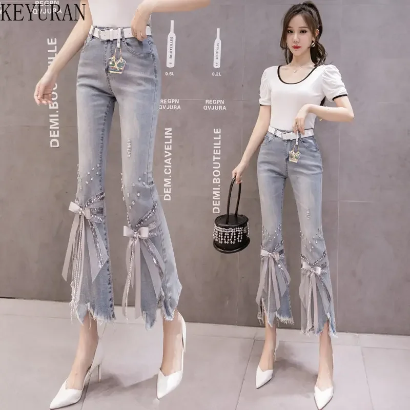 High Waist Jeans Women Ripped Cropped Jeans Women's 2025 Spring Summer New Irregular Beaded Bow Flared Denim Pants Ladies Jeans