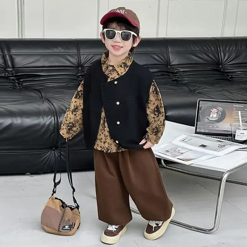 3 PCS set Autumn Spring Boy Retro Floral TShirt+Loose Harem Pants +Vest Kid Children baby Gentleman Handsome Streetwear Clothes