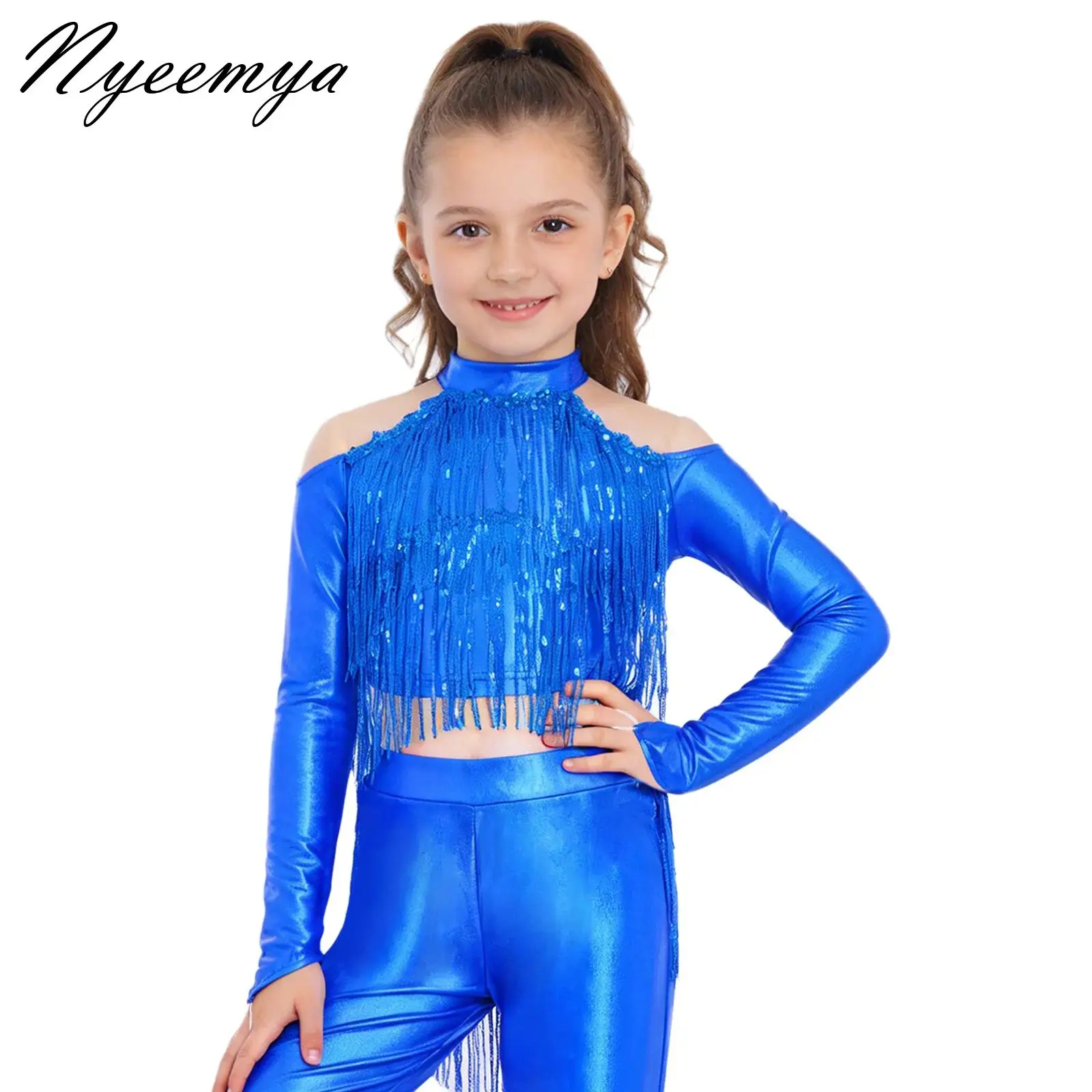 

Kids Girls Sparkly Sequin T-shirts Hip Hop Jazz Dance Crop Tops Cold Shoulder Long Sleeve Shirt Halloween Performance Costume