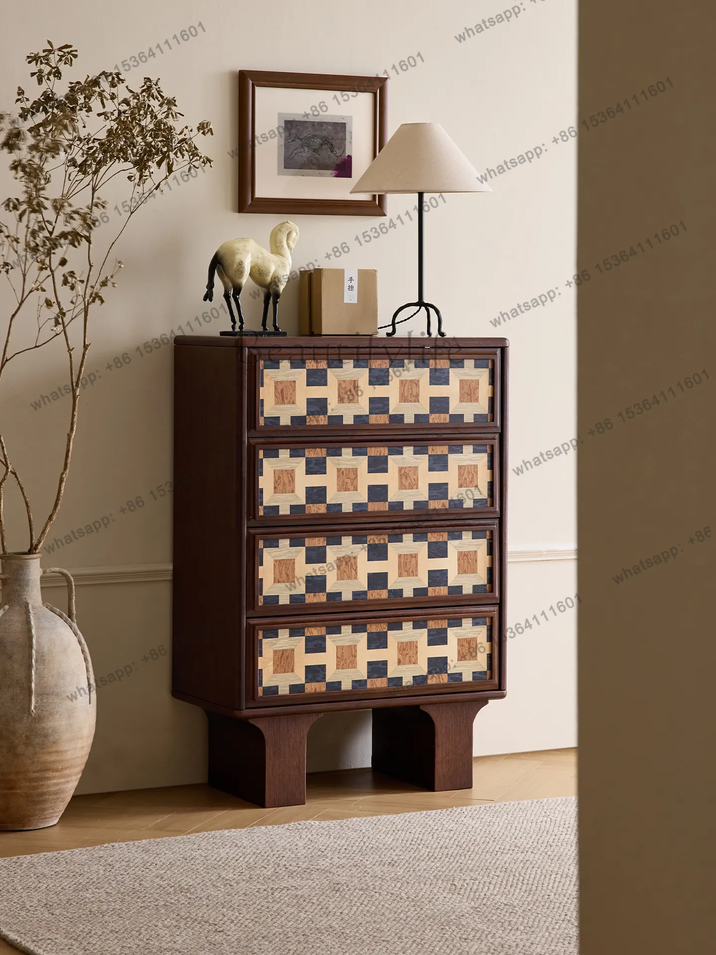 Medieval solid wood four-chest cabinet, living room against the wall, retro side bedroom, bedside drawer, locker
