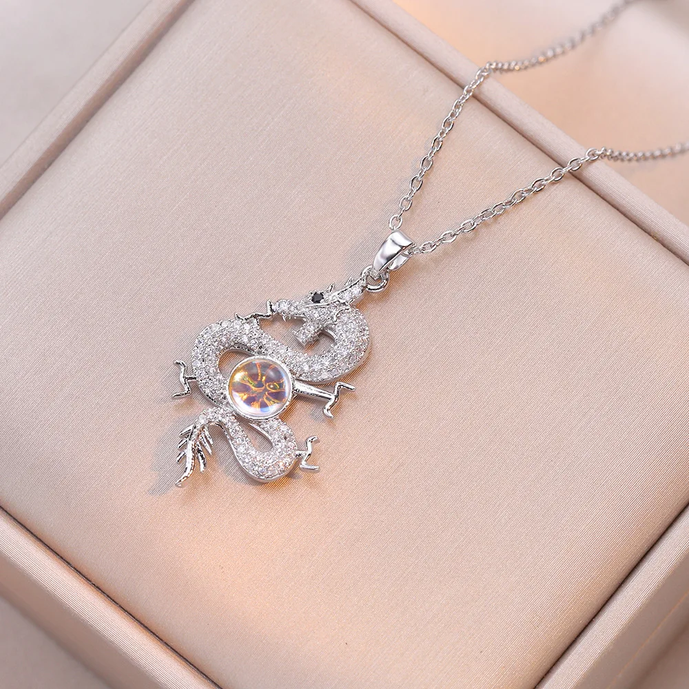 Classic Chinese Style Exquisite Auspicious Dragon Signet Pendant Necklace for Men Charm Fashion Lucky Moonstone Amulet Jewelry