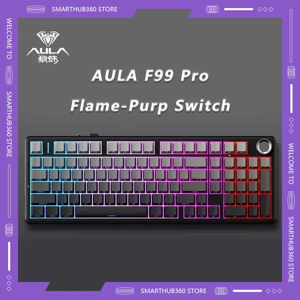 pro teclado mecanico sem fio interruptor flame purp v2 rgb hot swappable mode teclado gamer 98 chaves bluetooth chaves com fio aula f99 01