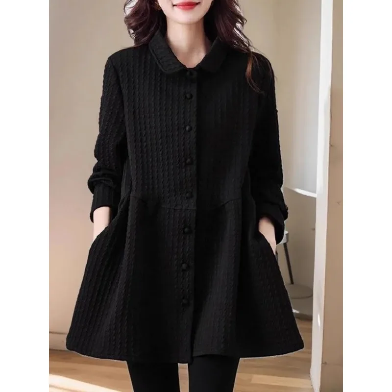 

Женское черное текстурированное платье-рубашка с воротником Питер Пэн, А-силуэт, миди, повседневная туника