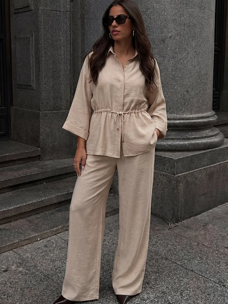 HH Lässiges 2-teiliges Damen-Outfit für Frühling und Herbst, Einfarbiges Hemd mit Kordelzug und Langen Ärmeln, Knöpfen und Elastischer Taille + Weite Hose mit Elastischem Bund