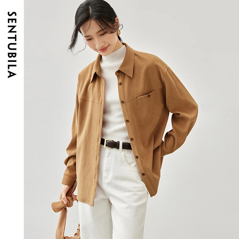 SENTUBILA Temperament Commute Shirt for Women 2024 Winter Warm Turn Down Collar Single Breasted Loose Female Blouse 144C56209