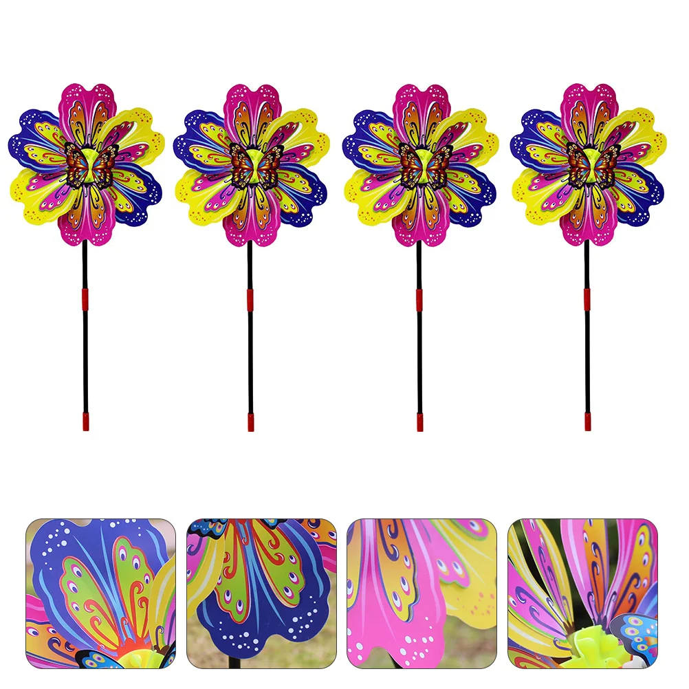 4 Pcs Plastic Windmill Pinwheels Toys Colorful Flower Shape Spinners Garden Lawn Decor Kids Friendly Cartoon Design No