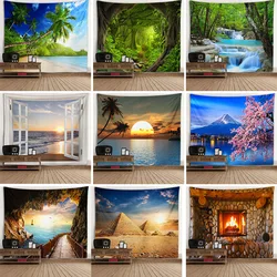 Window scenery mural tapestry wall background cloth tree hole furnace hanging  large