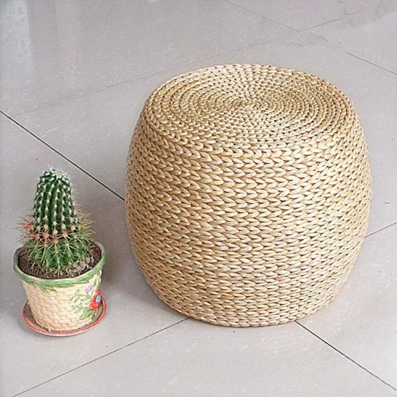 Living Room Low Stool Japanese Rattan Shoe Stool Tatami Floor Ottoman For Entryway Round Solid Wood Small Stool Pier Furniture