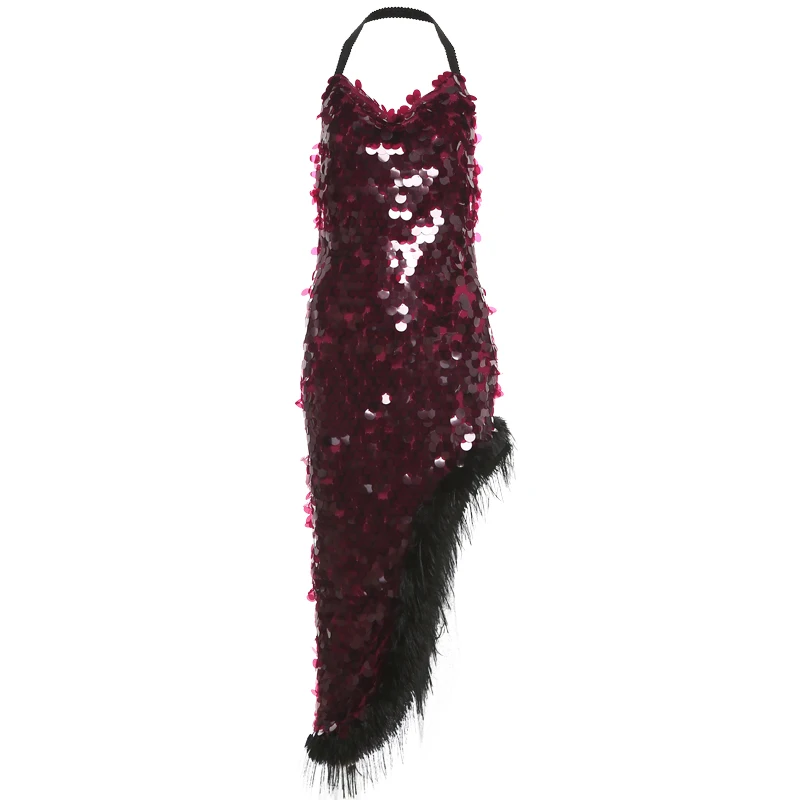 Designer Fujia Style Super Shiny Large Sequined Halter Dress Swing Collar Irregular -Fit Long Dress Fashion