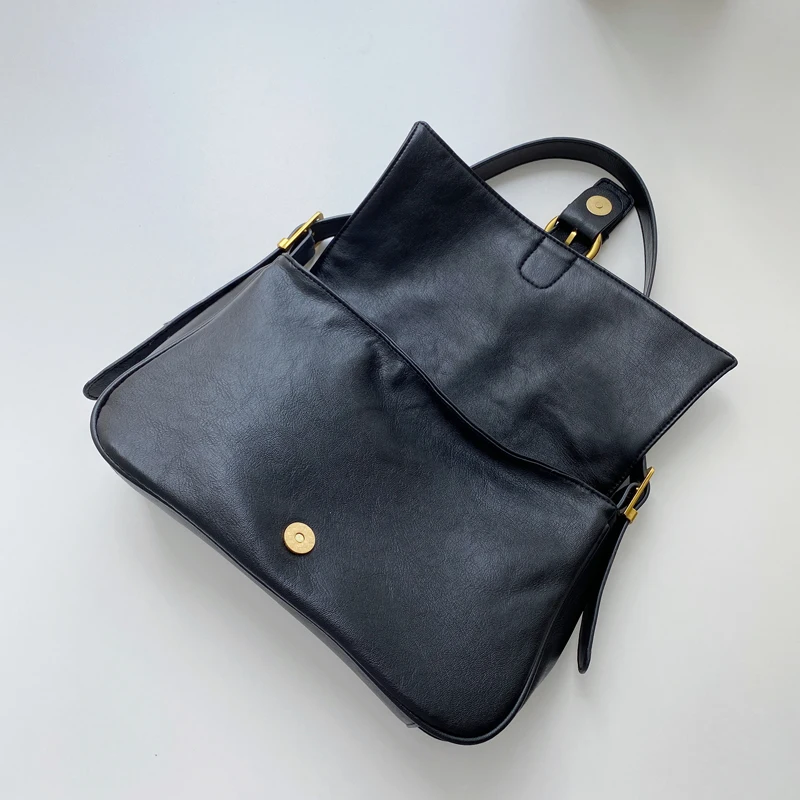 Handbags For Women Pu Leather Vintage Solid Shoulder Bag Zipper Flap Large Capacity Underarm Bags Luxury Women\'s Bags Black