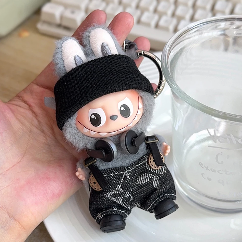 

For Mini Labubu Pin For Love Black Bib Overalls Hairband V4 Doll Accessories Plush Doll Outdoor Keychain Lovely Outfit Toy Gifts