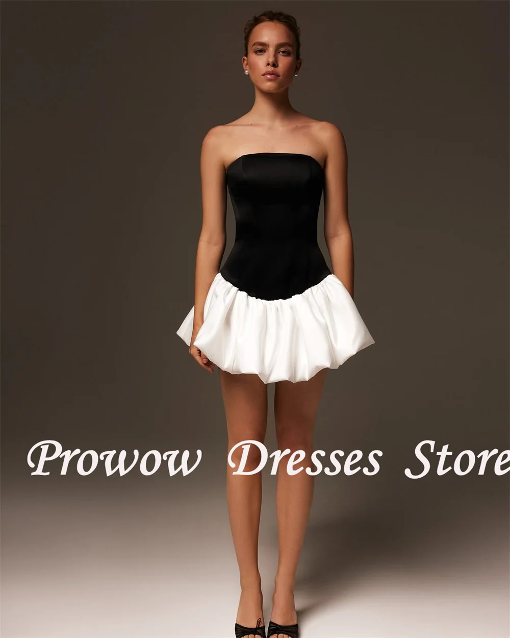 

Prowow Modern Black White Short Prom Cocktail Dresses Pleats Puffy Mini Wedding Party Gowns Lace Up Back Pleats Satin Customized