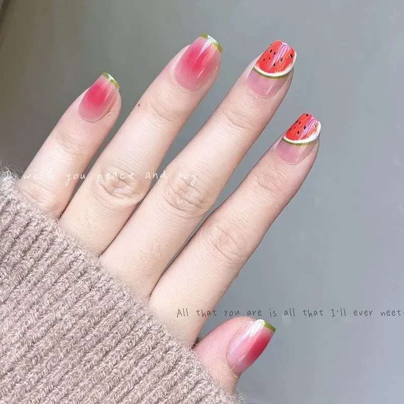 10 قطعة الأظافر وهمية الوردي الصيف مع الغراء لطيف البطيخ الصحافة الاصطناعية على الأظافر قصيرة اليدوية امرأة قابلة لإعادة الاستخدام الأظافر كاذبة نصائح