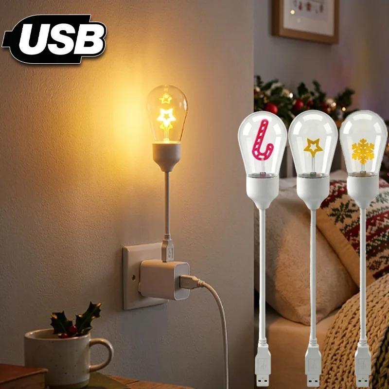  Christmas USB Bendable Snowflake Night Light Warm Glow Flexible Mini Desktop Reading Lamp for Computer Laptop Office Home