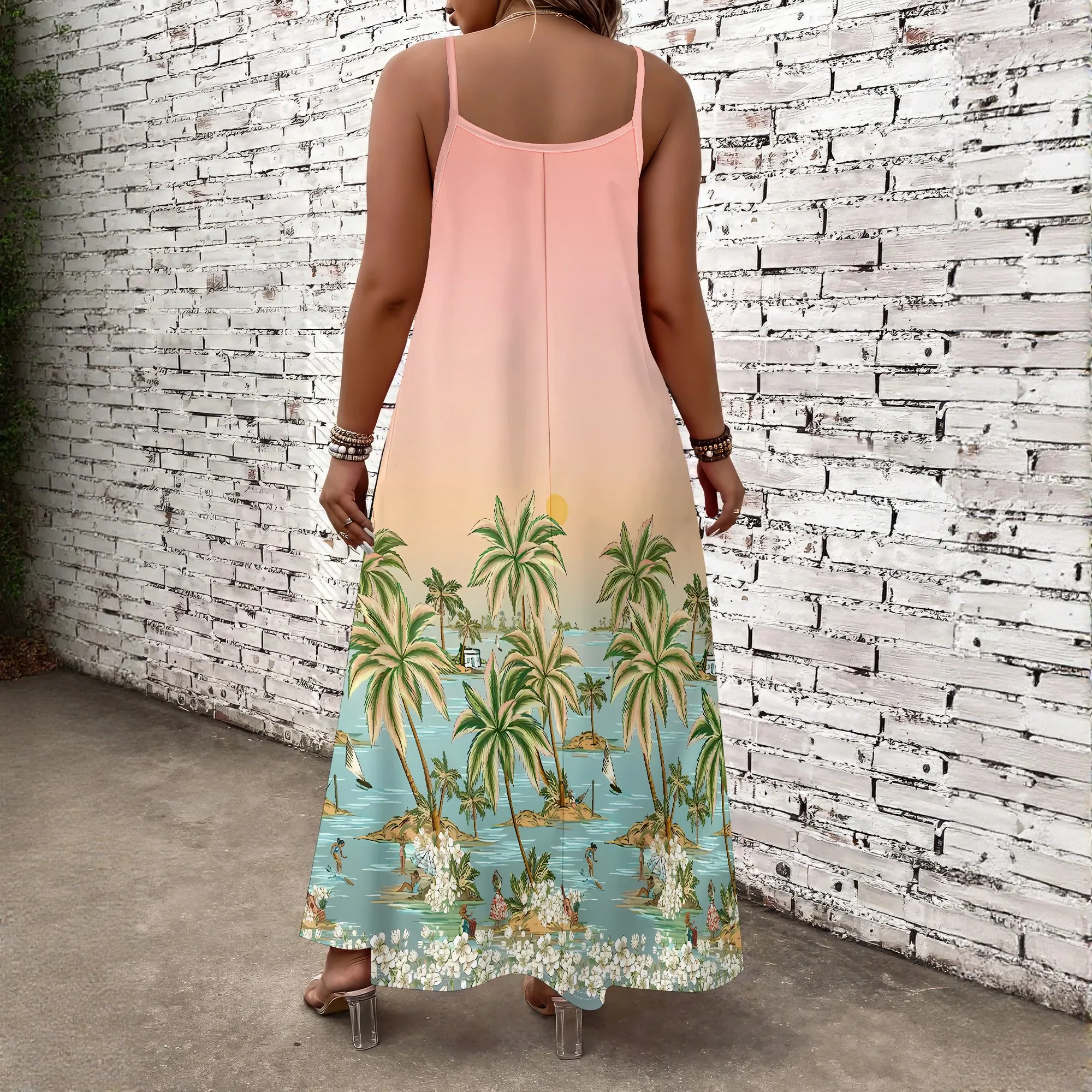 فستان Nupusa Tropical Print للنساء مقاس كبير فستان صيفي كاجوال بحزام سباغيتي