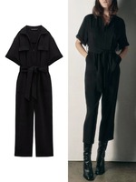 TRAFZA Women's New Lapel Jumpsuit Fashion V-Neck Waist Slimming Black With Belt Zip Lapel Pocket Short Sleeve Jumpsuit Mujer