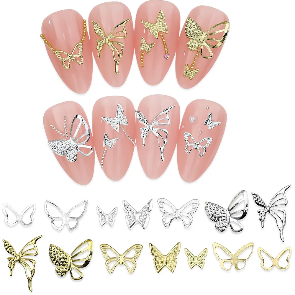 50pcs Mix Hollow Butterfly Nail Charm Gold Silver 3D Metal Butterfly Decoration Mixed Style Rhinestones Hollow-out Butterflies