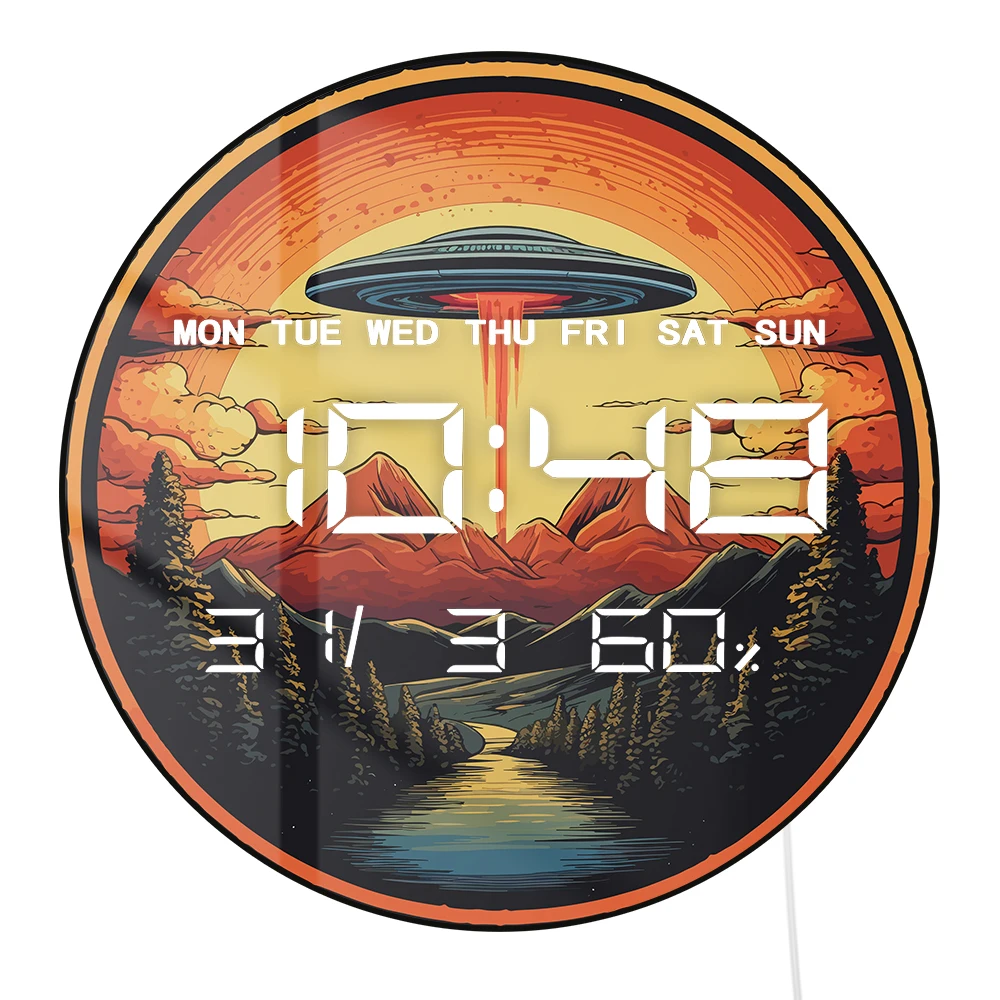 UFO Alien Abduction Large Display LED Digital Clock with Temperature Humidity Date Calendar Vintage Sci-Fi Art Electronic Clock
