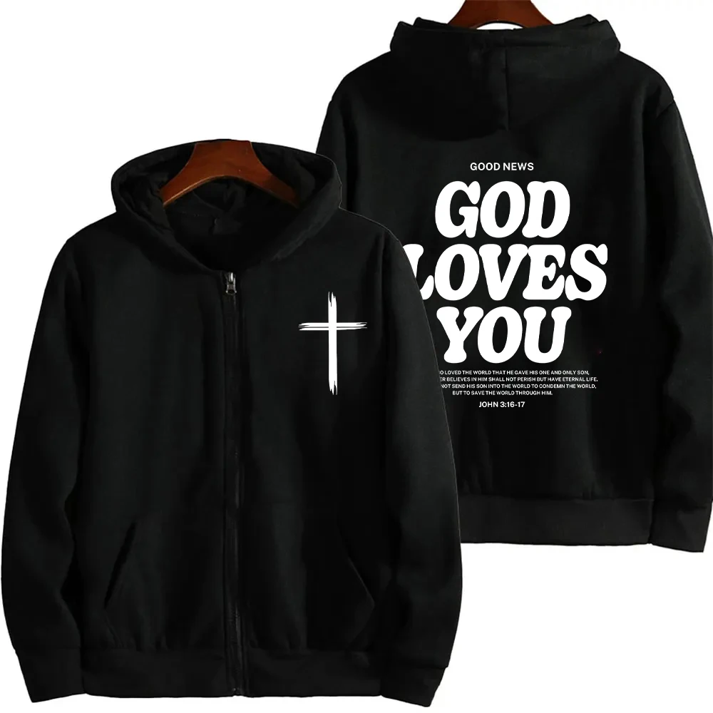 Harajuku Aesthetic Christian Jesus Hoodie Bible Verse God Loves You Hooded Hoodies Women Vintage Zip Sweatshirts Streetwear Y2K