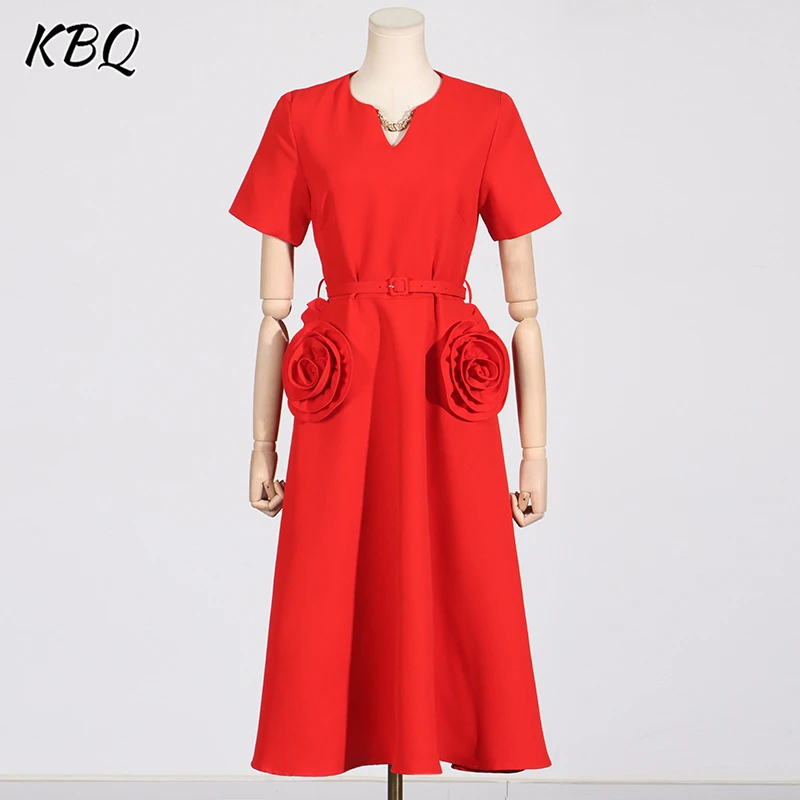 

KBQ Solid Elegant Spliced Appliques Dress For Women V Neck Short Sleeve Patchwork Belt Chic TemperamentDresses Female Fashion