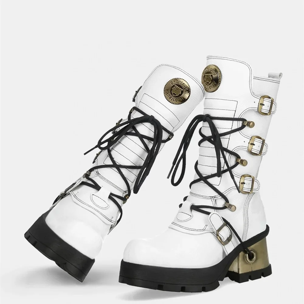 

Мотоциклетные ботинки в стиле панк с белой пряжкой на ремне, новинка 2025 года, уличные ботинки на толстой подошве в стиле рок, модные вечерние повседневные готические ботинки средней длины
