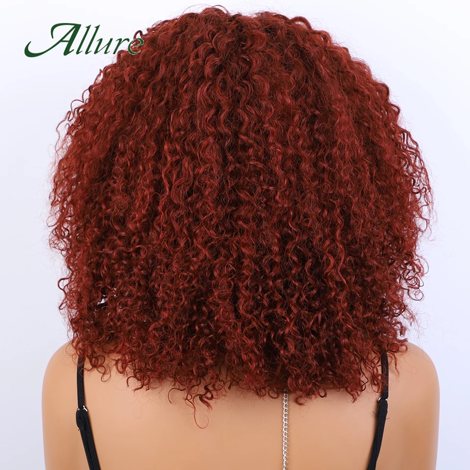 Jerry-Peluca de cabello humano rizado con flequillo para mujer, pelo corto rizado de color rojo y marrón, brasileño, 180% de densidad, Allure