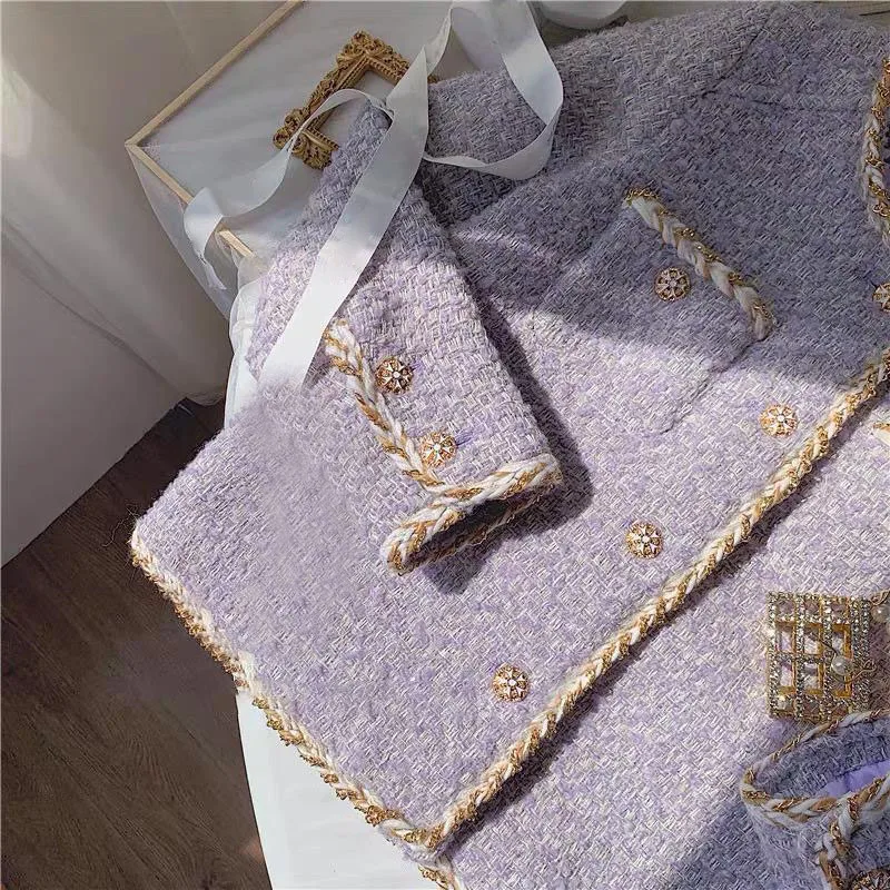 woman Jackets lavender purple coarse tweed short jacket for women autumn and winter 2024 new high-end popular short top Coats