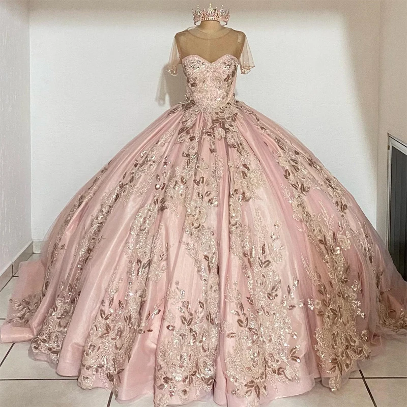 Vestido De quinceañera De novia rosa personalizado, Vestido De baile De encaje brillante para fiesta De 15, Vestido Formal De 16 cumpleaños, Vestido De 15 TQD025