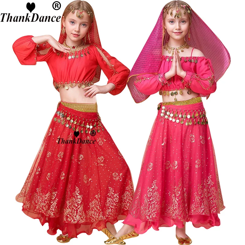 

Новый стиль, детский костюм для танца живота для девочек, комплект костюмов для индийского танца, сари, детский наряд в Болливуде, комплекты одежды для танца живота