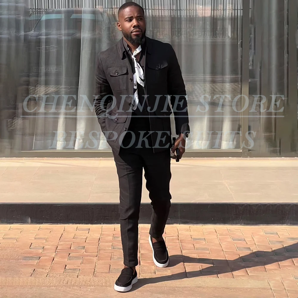 

Black Men's Suits Customzied Single Breasted Stand Lapel Slim Fit 2 Piece Jacket Pants Full Sets High Quality Male Clothing