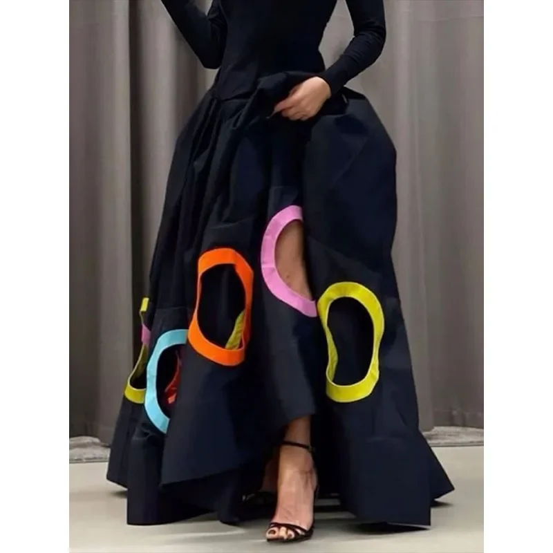 Yeezzi Female Colorful Printed Hollow Party A-line Maxi Dresses 2024 New Autumn Winter Long Sleeves O-Neck Elegant Evening Dress