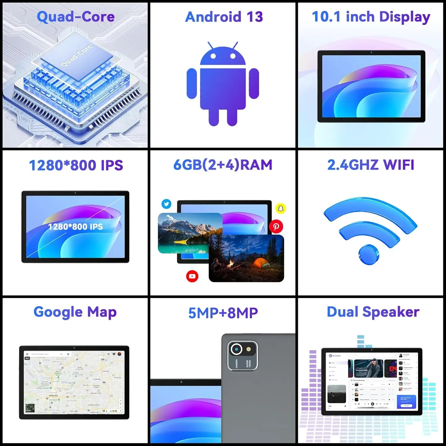 URAO MB1001 Android 13 Tablet 10 Inch 6GB RAM + 64GB ROM 128GB Expandable 5000mAh IPS Display 5G WiFi Dual Camera Tablet PC Gift