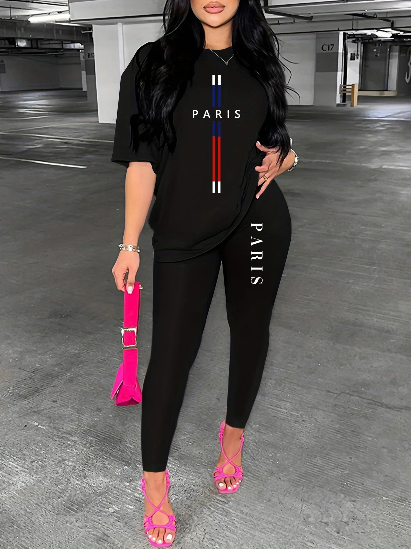 

Ladies' Spring/Summer Fashion Casual Paris Letter Printed Round Neck Short Sleeve T-shirt with Tight Pants Two Piece Set
