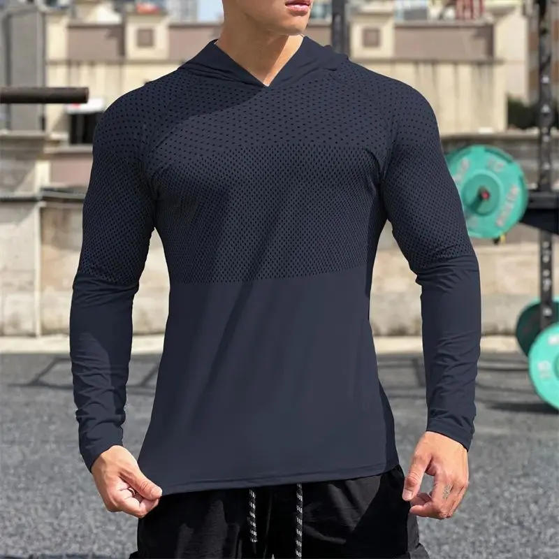 Outdoor exercise men's sportswear thin stretch fitness wear Fashion casual pullover hooded long-sleeved T-shirt men's top