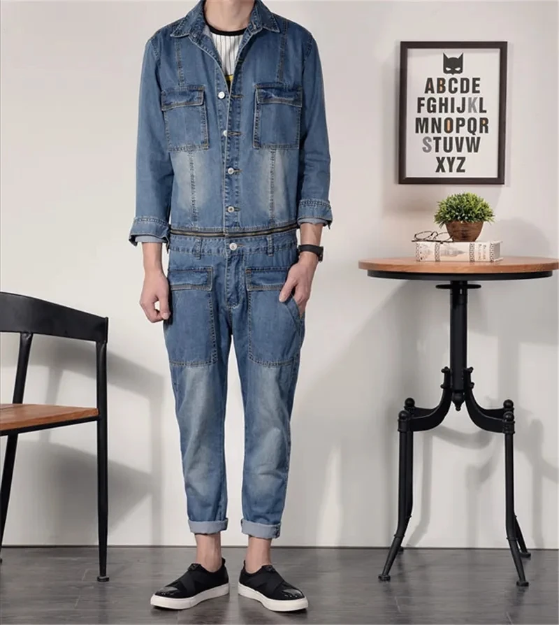 Overalls Men's Denim Jumpsuit Blue Lapel Long-Sleeved Jacket Hip-Hop Streetwear Waist Detachable Jeans Pants Casual Trousers