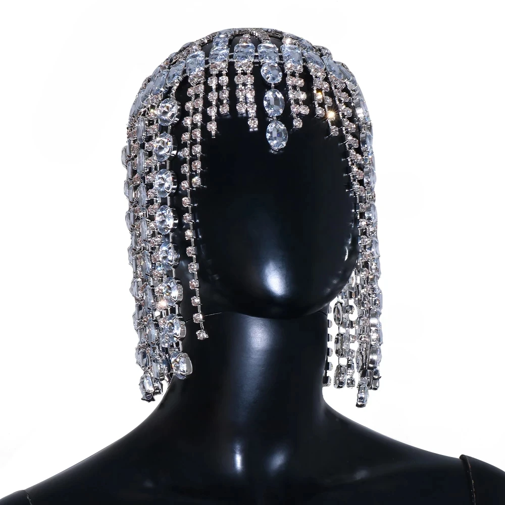 Luxury Crystal Square Tassel Hair Chain Bridal Headpiece for Women Rave Accessories Rhinestone Geometric Head Chain Hat Jewelry