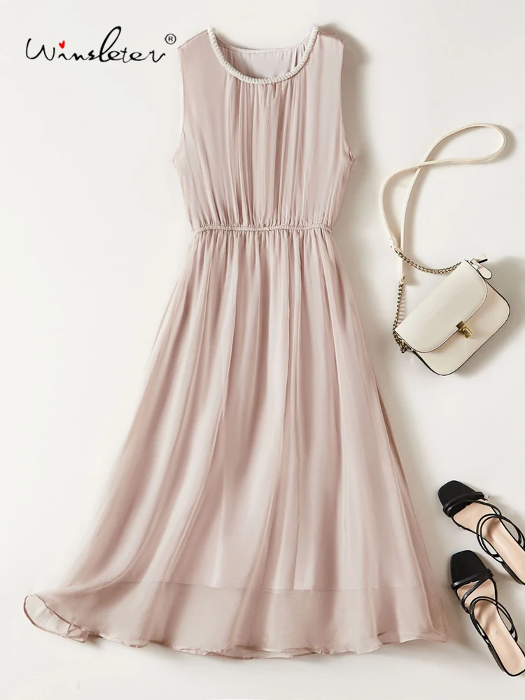 

Winsleter-Women 100%Real Silk Elegant Dress, O Neck Sleeveless Diamond, French Beach Fairy Dresses, 2025 Spring Summer D53215CC