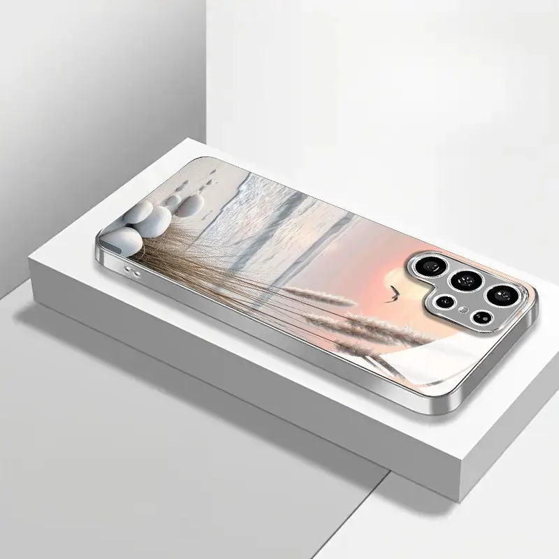 Sunset landscape pattern electroplated glass phone case, suitable for Samsung S26/S25, S24/S23/S22/S21/S20, etc. models