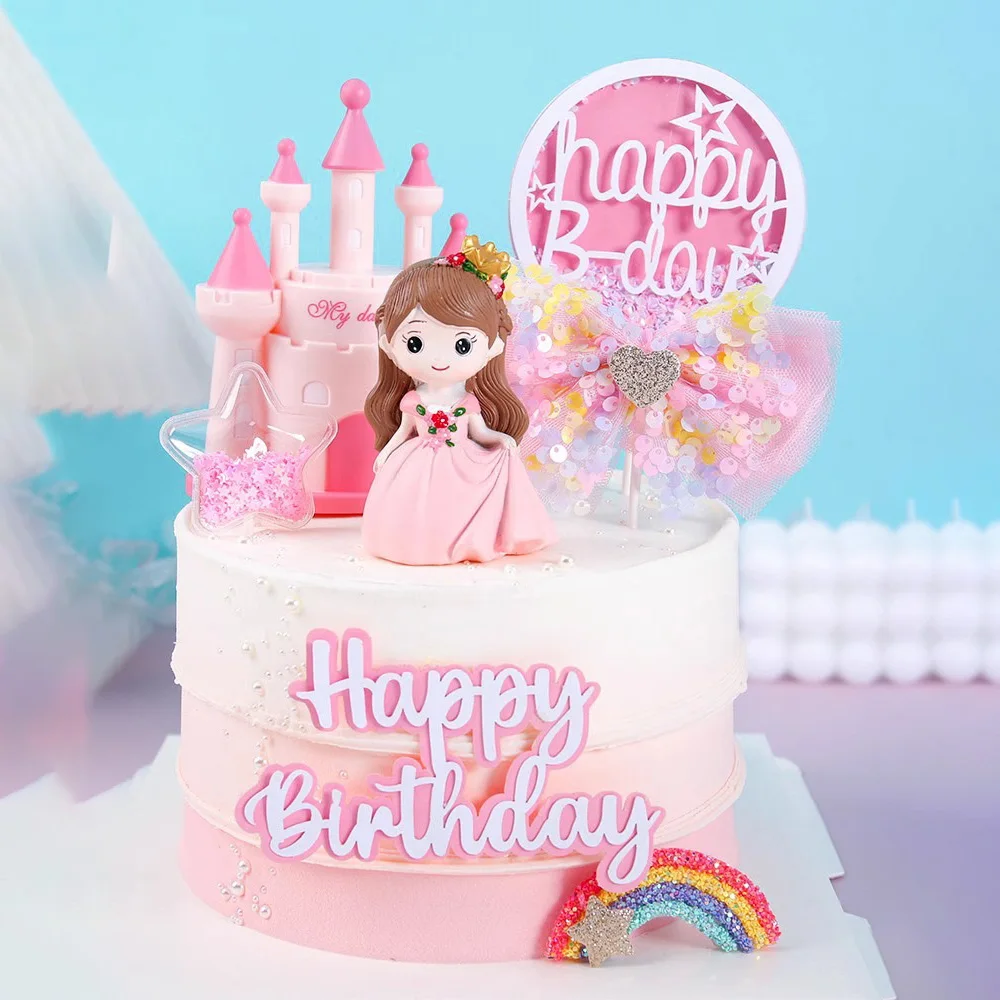 Princess Cake Topper Happy Birthday Castle Prince Cake Decoration for Kids Girl's Birthday Party Supplies Fairy Tale Theme Cakes