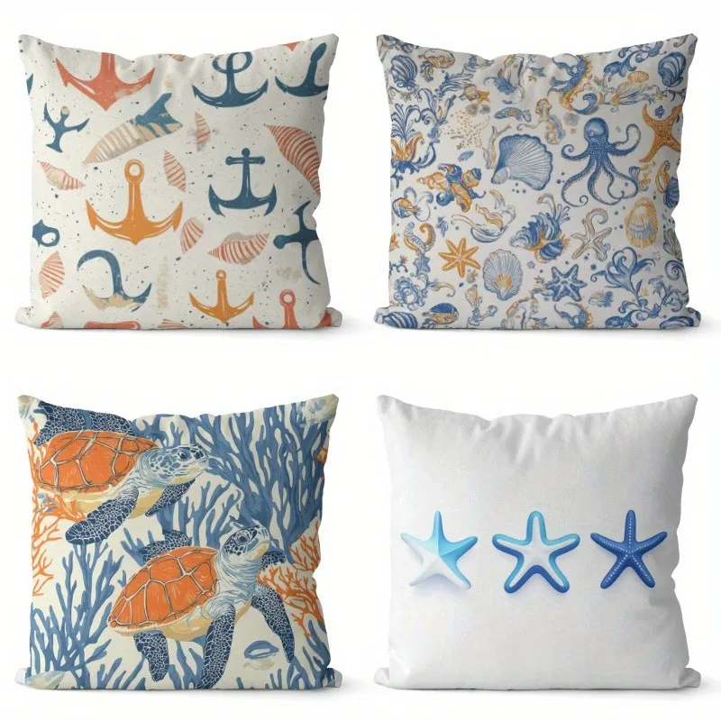 Seaside Marine Life Pattern Digital Print Pattern Cushion Cover Suitable For Sofa Bedroom Car Pillow Cover