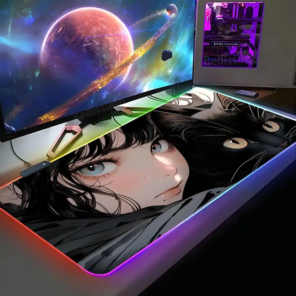 

Cat And Girl Cute Mouse Pad XXL RGB Gaming Mouse Pad HD Gamer Accessories Large LED Light MousePads PC Carpet With Backlit