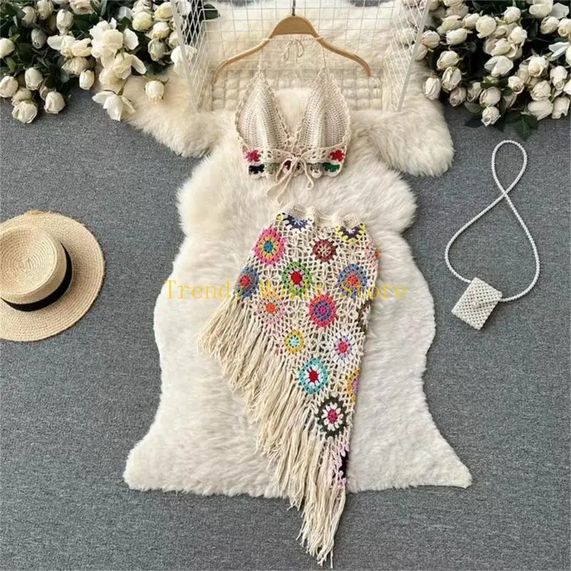 N5kb Women Beachwear 2 pezzi Set sexy Bra Halter in maglia e gonna asimmetrica