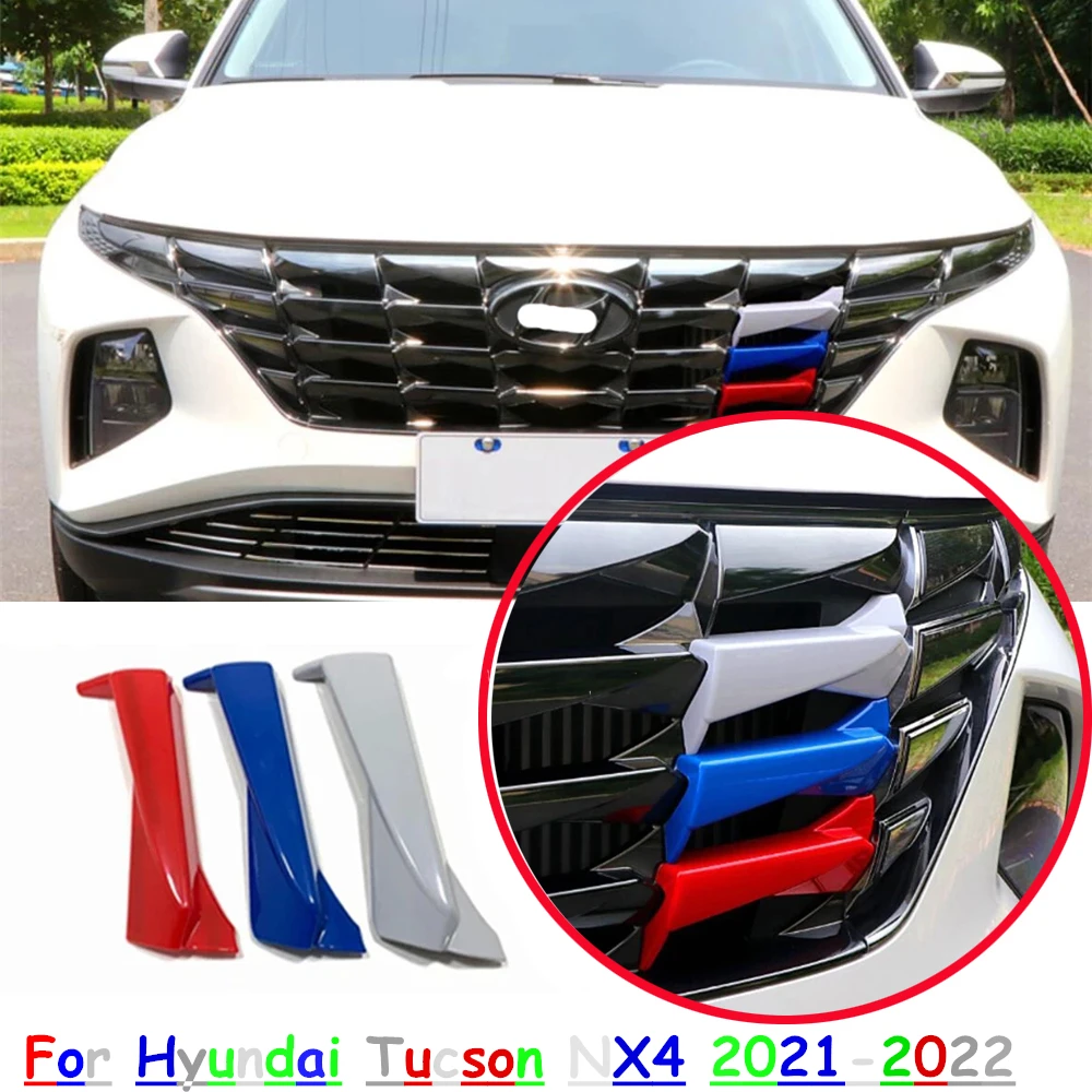 

Front Center Grille Grill Cover Trim Strips Decoration Tricolor 3PCS Fit For Hyundai Tucson NX4 2021 2022 Car Accessories