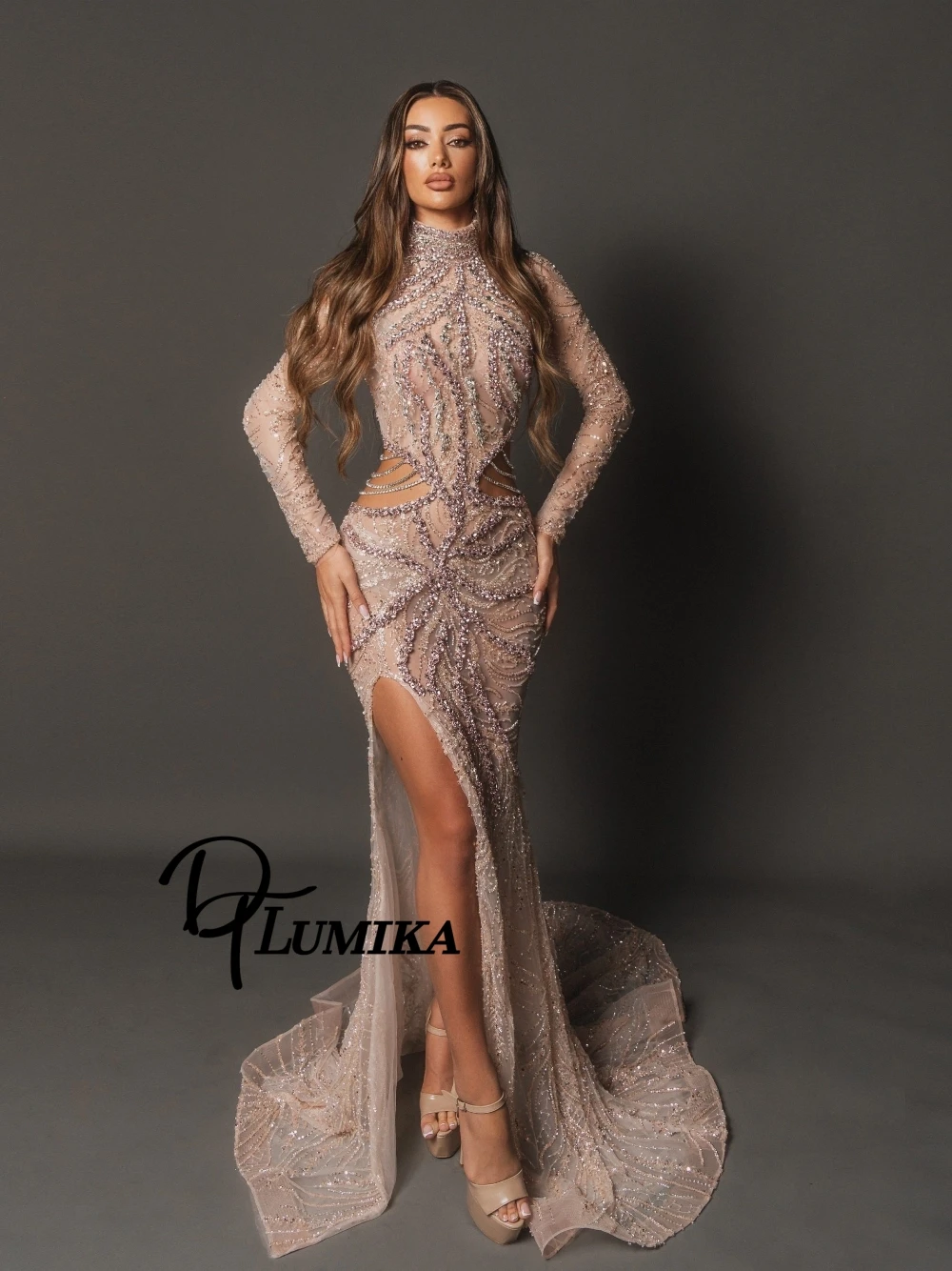 

Sparkly Crystals High Neck Evening Dress Sexy Cut Out High Slit Mermaid Prom Gown Customized Stunning Fashionable Party Wear